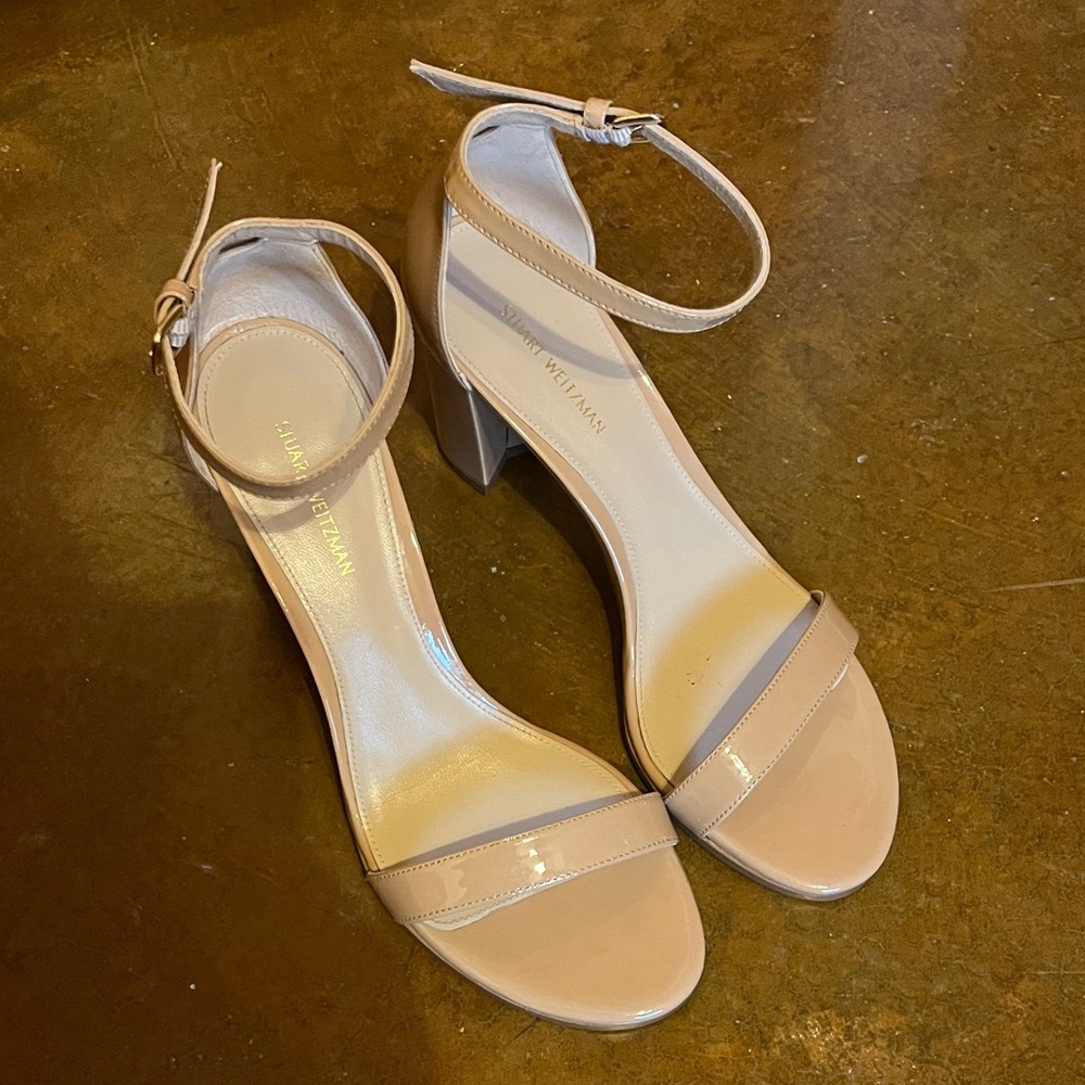 Stuart Weitzman Nude Patent Leather Ankle-Strap Sandals